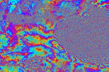 An interferogram of Kathmandu shows the amount of land deformation after a 2015 quake: Each color represents about an inch of deformation. In areas that appear speckled, including the large area on the right, the ground deformed more than three feet.