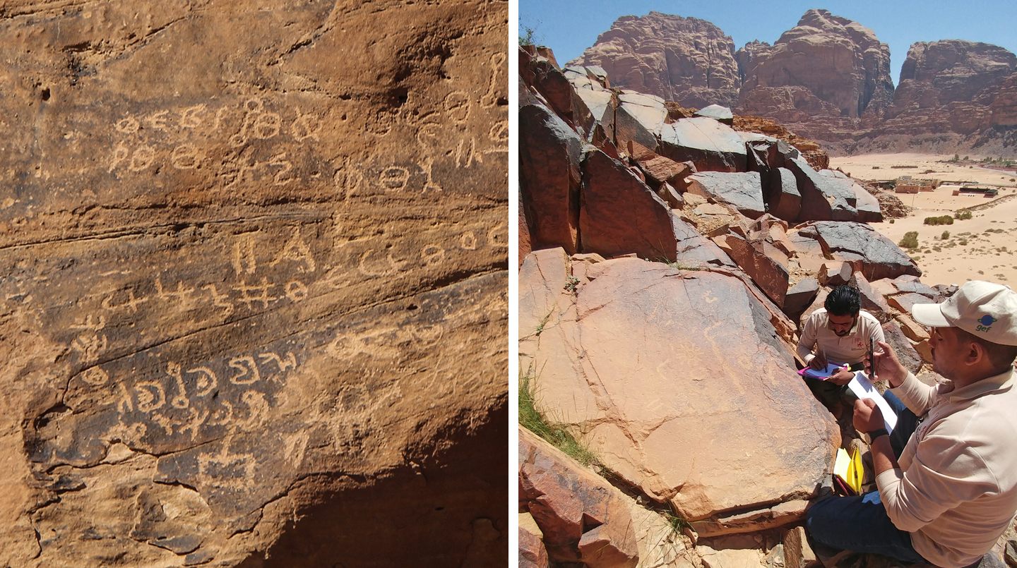 Another example of rock art in Wadi Rum (left); monitoring rock art sites (right).