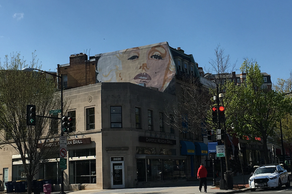 The Marilyn Monroe mural as seen from across the intersection.