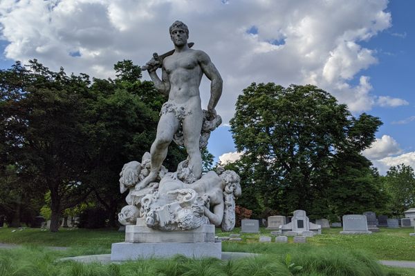 The statue from the front inside Green-Wood Cemetery