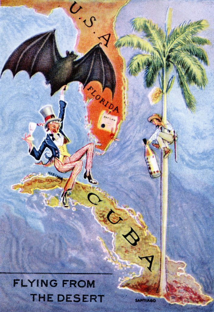 Americans fleeing Prohibition swooped over to Cuba to drink, encouraged by Bacardi (pictured here as a giant bat.)