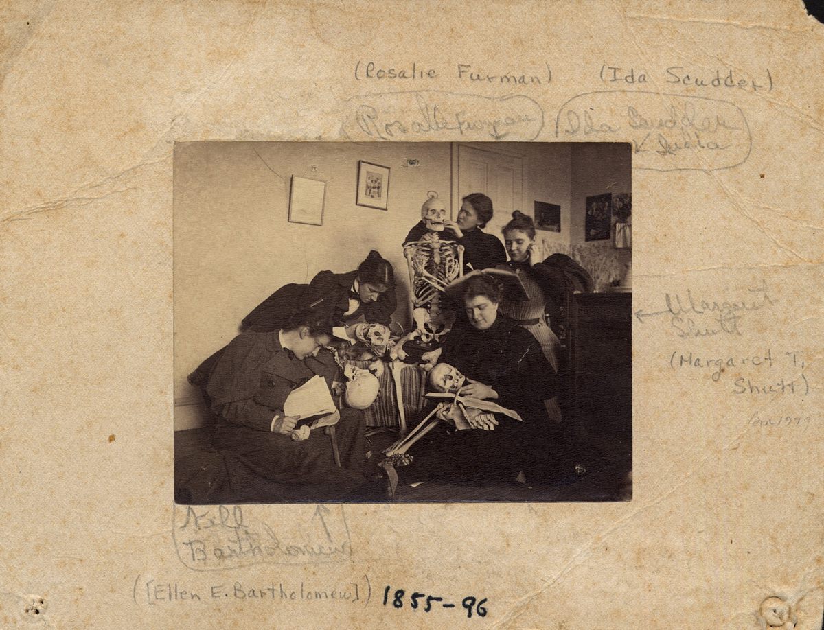 Students with skeletons, c. 1895.