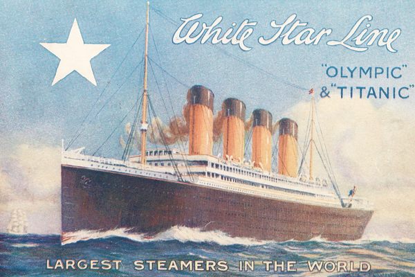 A White Star Line postcard promoting two new steamships: Olympic and Titanic.