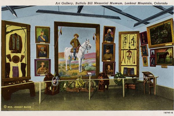 Postcard showing a collection of paintings in the Buffalo Bill Museum, circa 1941.