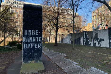 The Parliament of trees with tombstones for the victims of the Berlin Wall