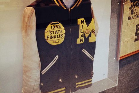 Letterman jacket from the infamous Milan team, whose 1954 state championship inspired the film 'Hoosiers'.