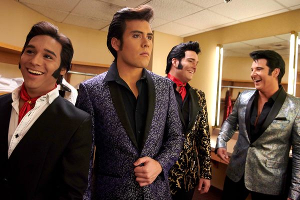 Performers Cote Deonath, Taylor Rodriguez, Ben Thompson and Jay Dupuis wait in a dressing room before performing at the Las Vegas Tribute Festival.