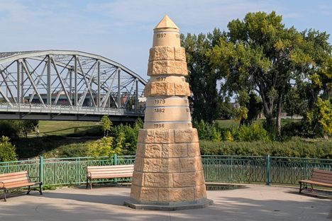The monument displays the high water mark from several historic floods.