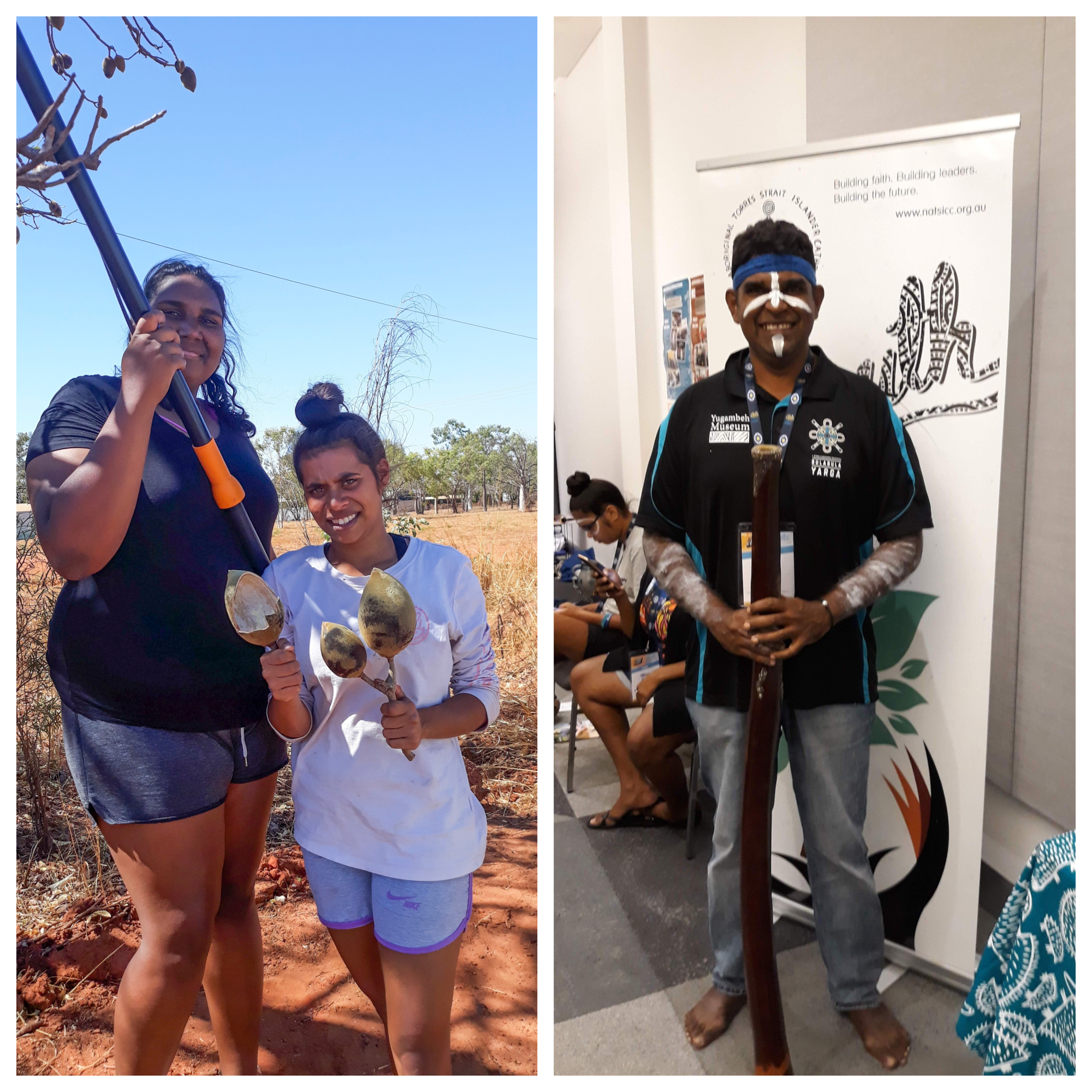 Indigenous women harvesting boab nuts for Bindam Mie (left); Robert Dann at a cultural event (right).