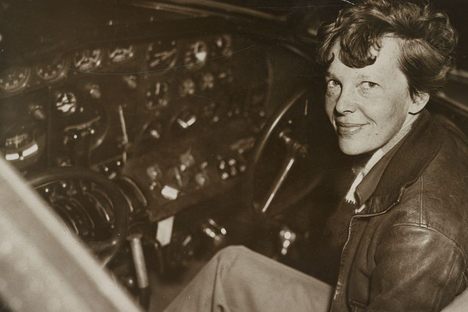 Earhart in the cockpit of an Electra airplane.