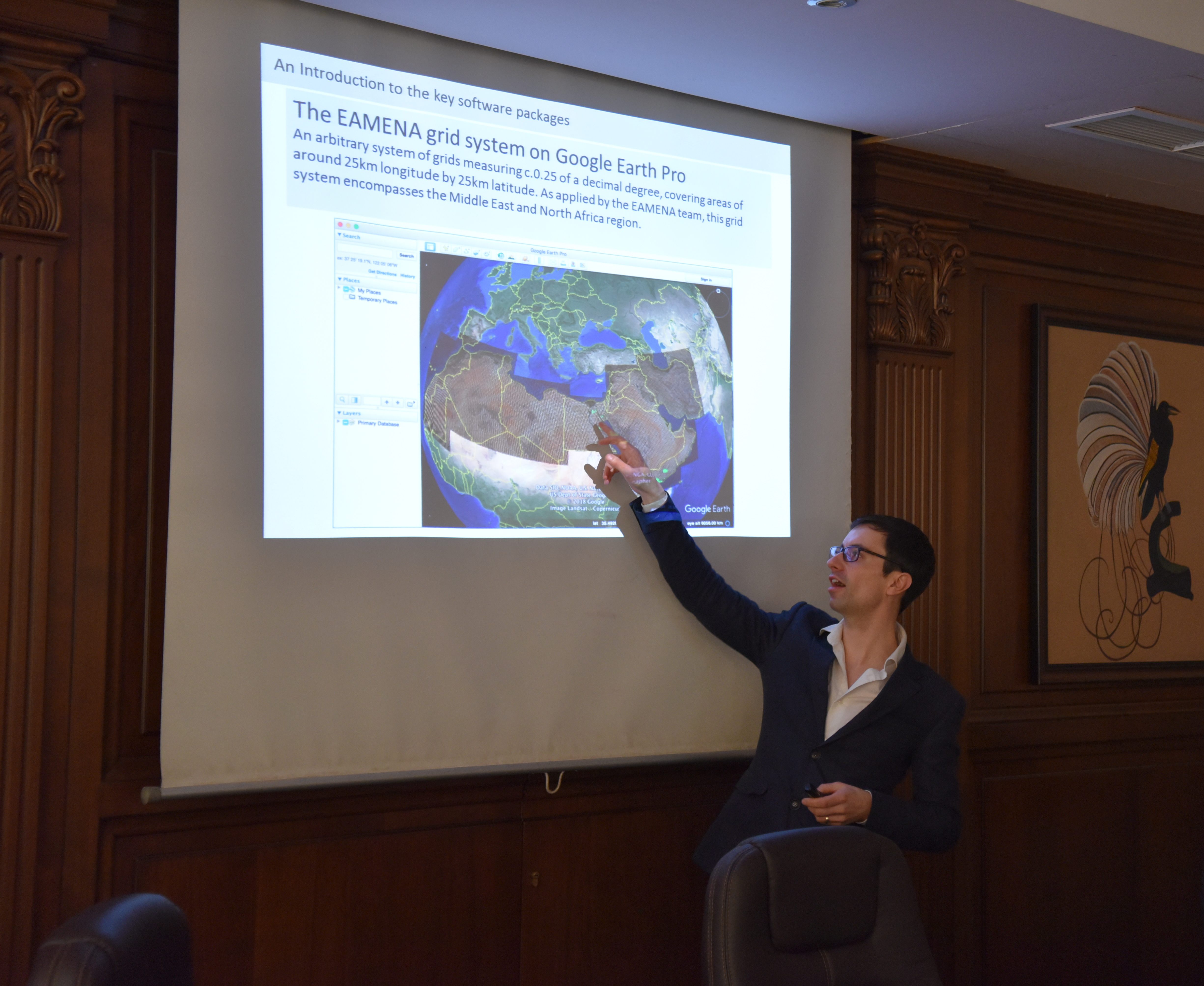 Michael Fradley explains satellite imagery for archaeological monitoring at a British Council Cultural Protection Fund training event in Amman, Jordan.