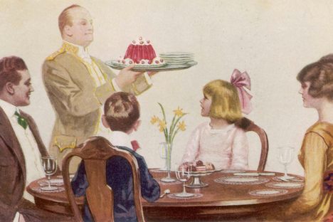 This image comes from a Jell-O advertisement that reads, "Isn't it evident from the butler's face that he is proud of the dish?"