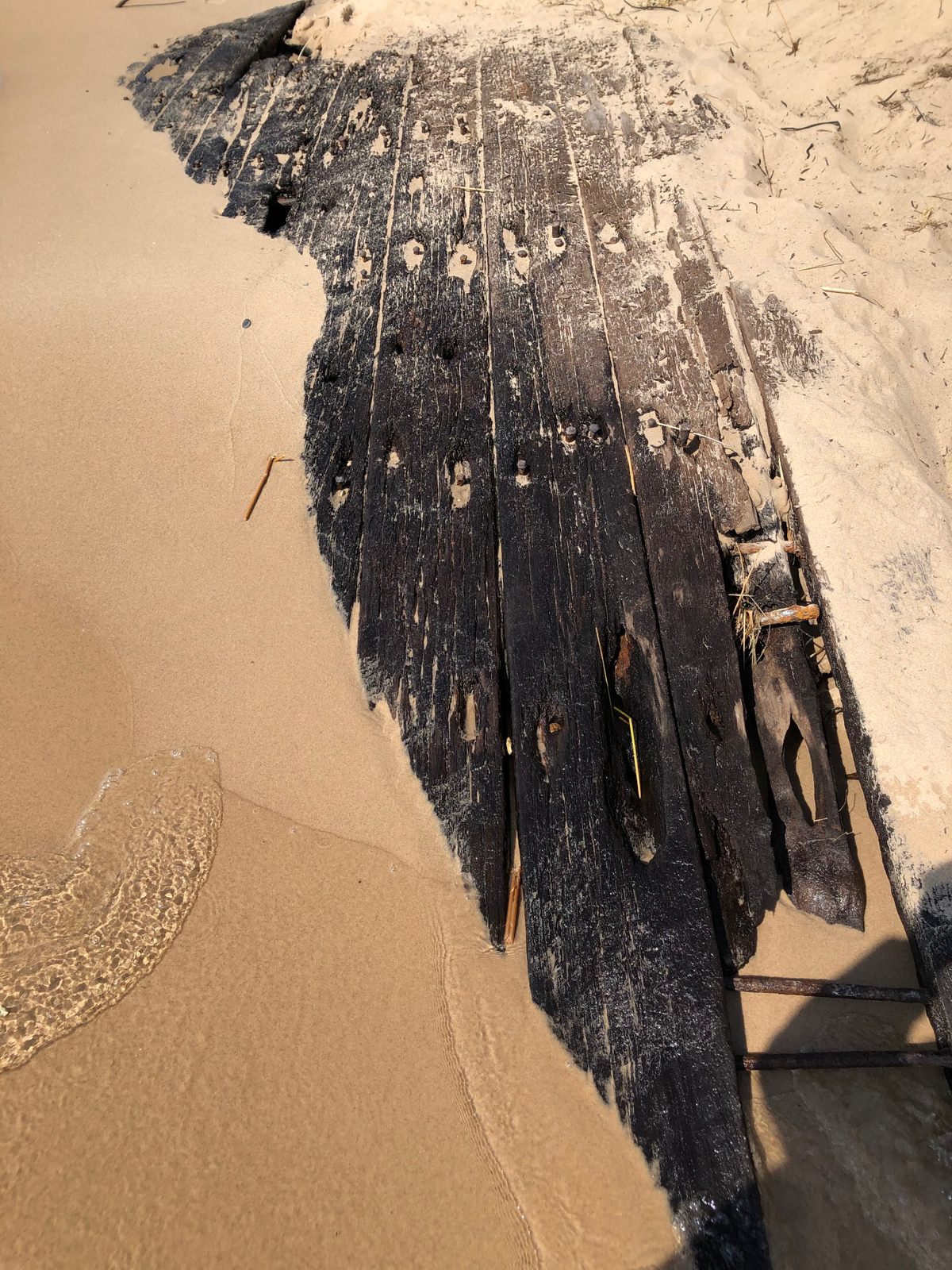 Shoreline wreckage is constantly buried and revealed by the waves. This, photographed on the shore of Lake Michigan, in Good Hart, in April 2020, is probably from a 19th-century schooner.