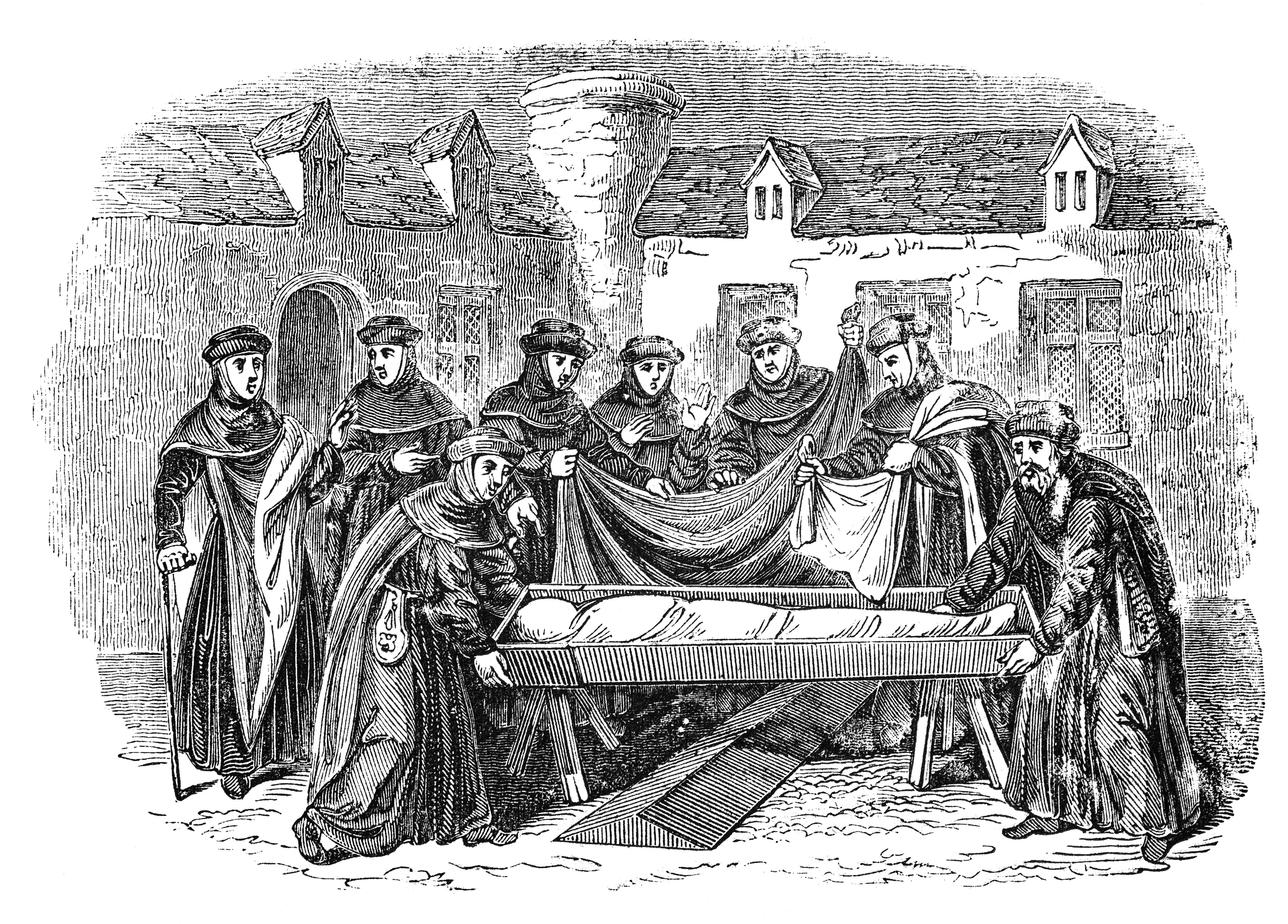The burial ceremony of a monk in a 14th-century English convent.