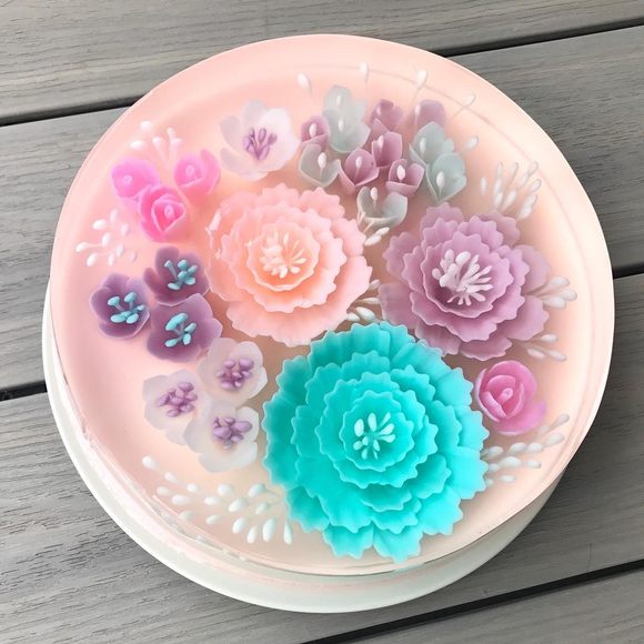 Vibrant jelly flowers fill jelly cakes.