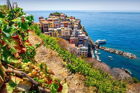Overlooking the Ligurian Sea in northwestern Italy, the village of Manarola is flanked by terraced vineyards.