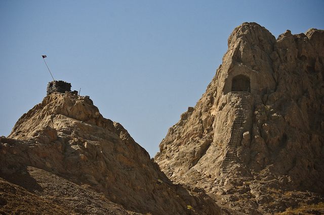 View at the stairs leading to the rock-cut chamber 