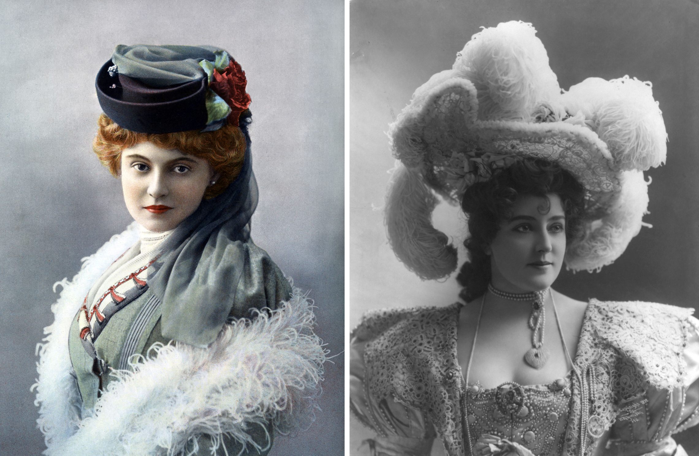 Ostrich plumes were, for a time, the height of fashion, as Madmoiselle Maia, French actress, 1905 (left), and Lillian Russell, American actress, 1898 (right), show. 