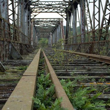 A low level view of the Track bed looking back at the South Entrance to the Bridge. 