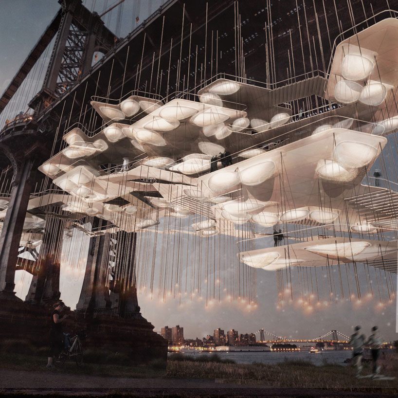 A view of Constellation Park, Columbia University DeathLab’s cemetery under the Manhattan Bridge.