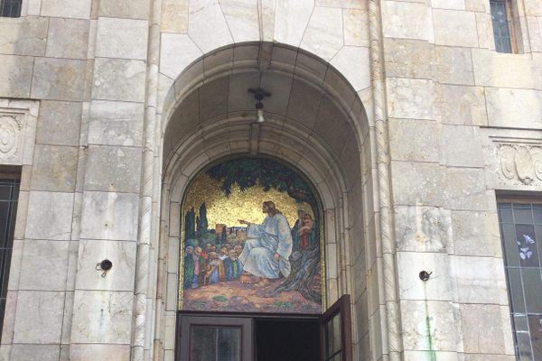 Church Entryway with Mosaic of Christ Teaching by Mahonri Young.