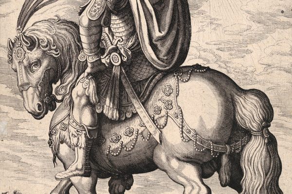 A 17th-century Swiss etching of Emperor Tiberius on horseback, by Matthäus Merian the Elder. 