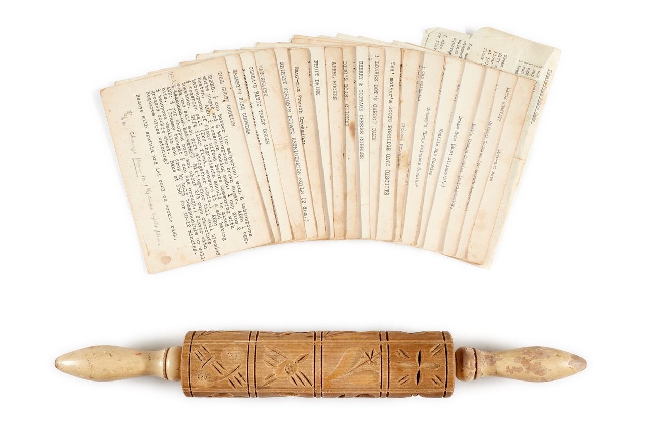 Many of the recipe cards contain personal notes, pen scribbles, and kitchen blotches.