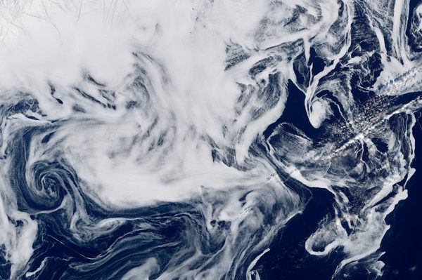 A satellite image from March 7, 2022, shows swirls of sea ice that resemble smoke—or a spectral apparition—against the deep blue North Atlantic. 