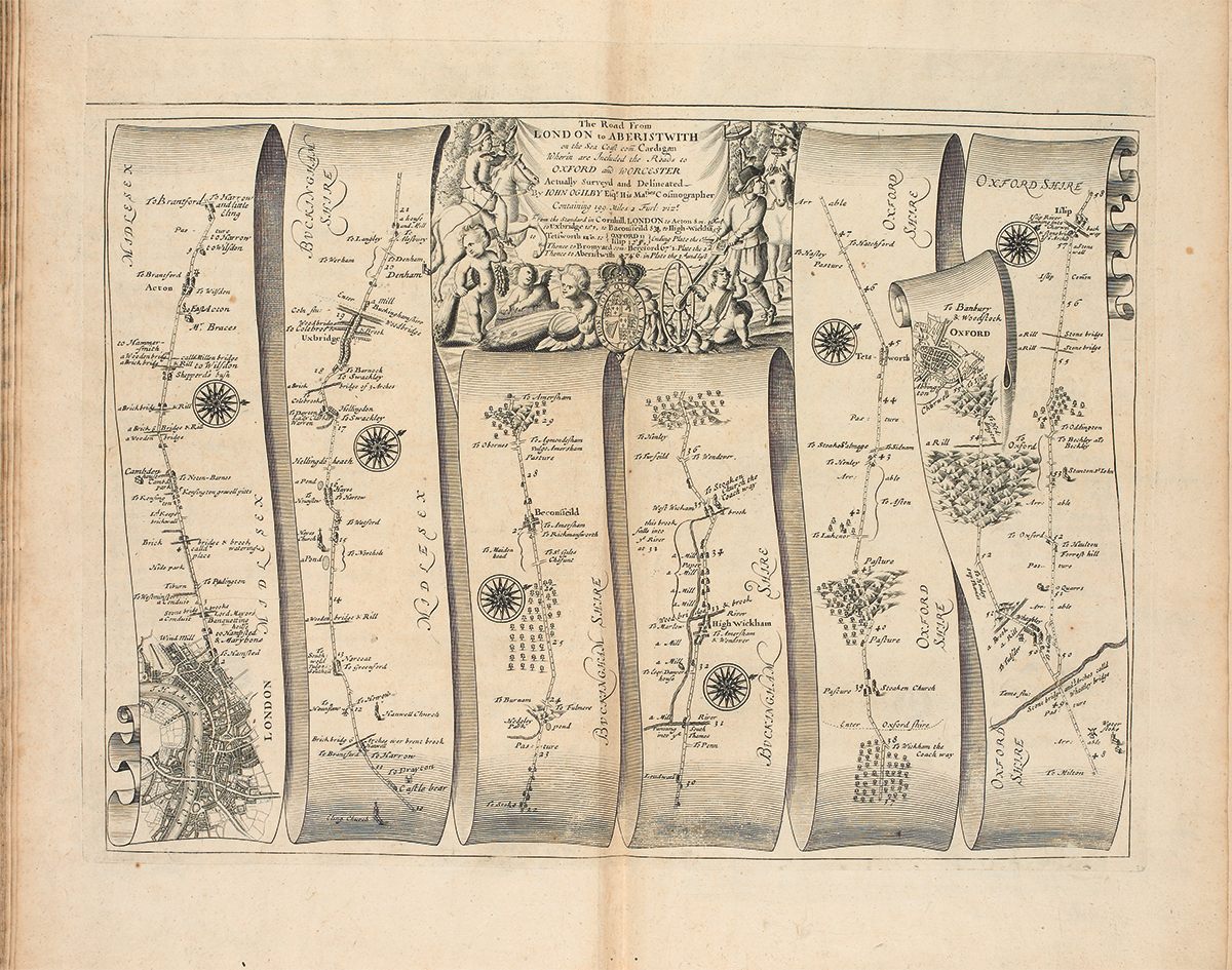 Map of the road from London to Aberystwyth, 1675, part of the first road atlas of Britain.