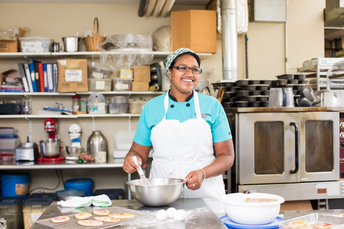 Smith at one of her jobs, as an assistant baker at Tunnel City Coffee in Williamstown, Massachusetts.