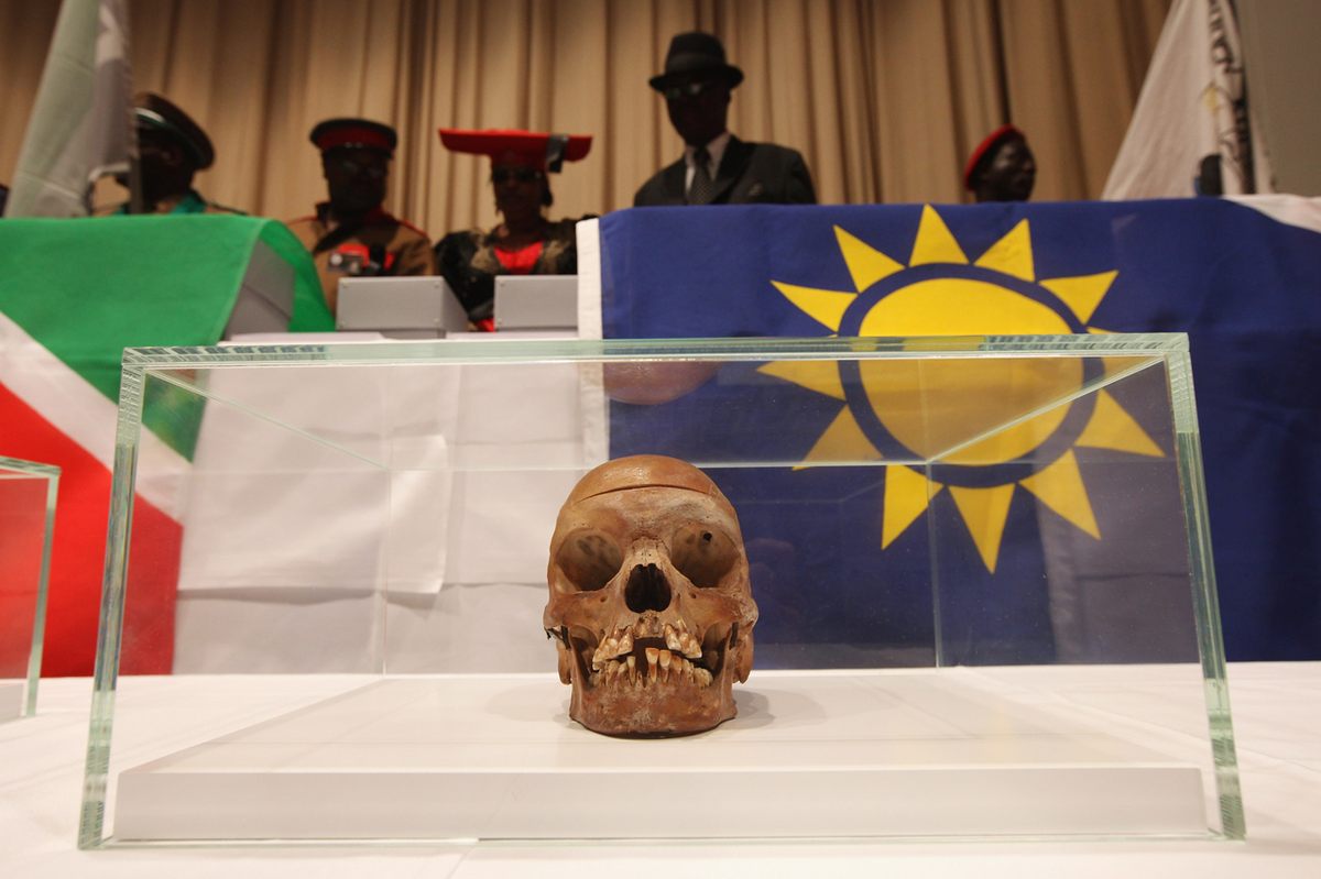 A delegation from Namibia attends a repatriation ceremony in Berlin for more than 20 skulls of Herero and Nama people taken by German colonial forces between 1904 and 1908.