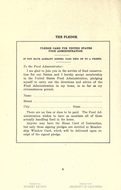 The pledge card featured in a U.S. Food Administration pamphlet containing recipes with substitutions.