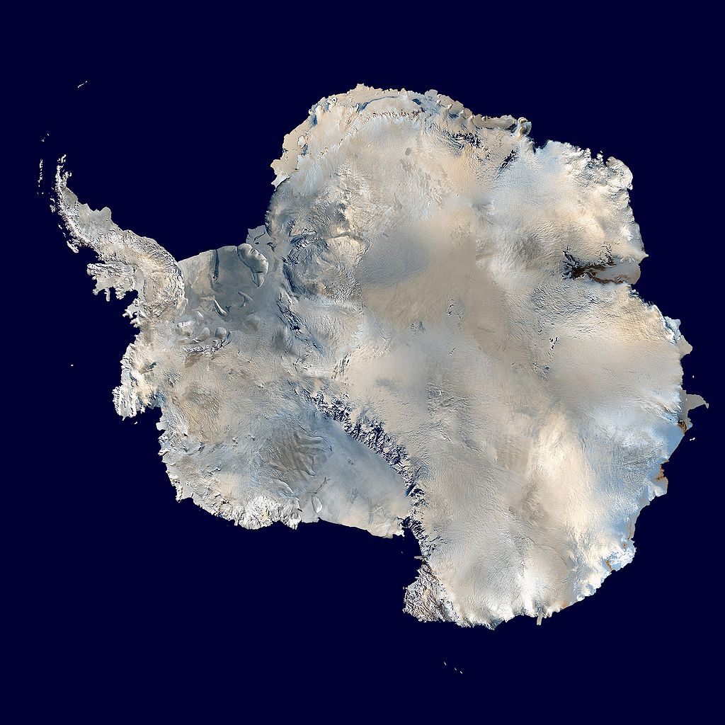 The newly described volcanoes are under the ice from the Ross Ice Shelf to the Antarctic Peninsula, on the left side of this composite satellite image.