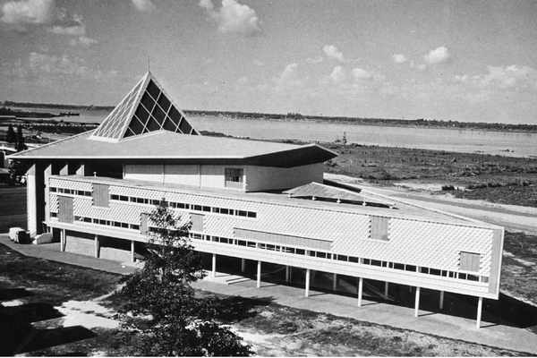 Vann Molyvann's National Theatre, 1966. The architect's New Khmer style is evident in its pyramid structure and piqued roof. 