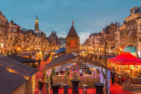 The floating Christmas market in Leiden, Netherlands.