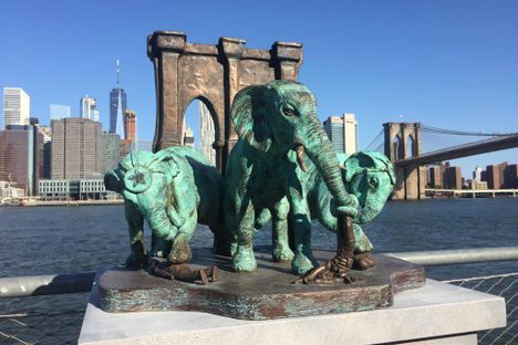 A close-up of the Brooklyn Bridge Elephant Stampede Memorial.