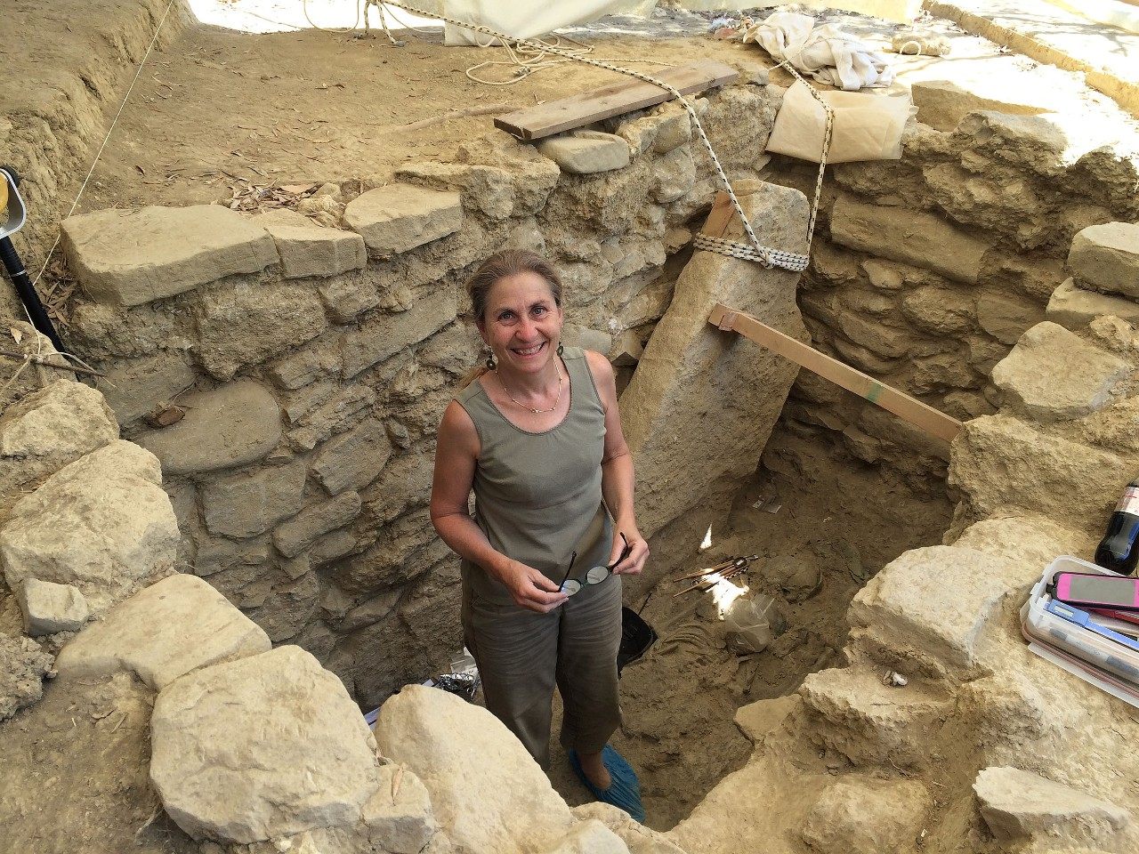 Archaeologist Shari Stocker in the tomb of the "Griffin Warrior." 