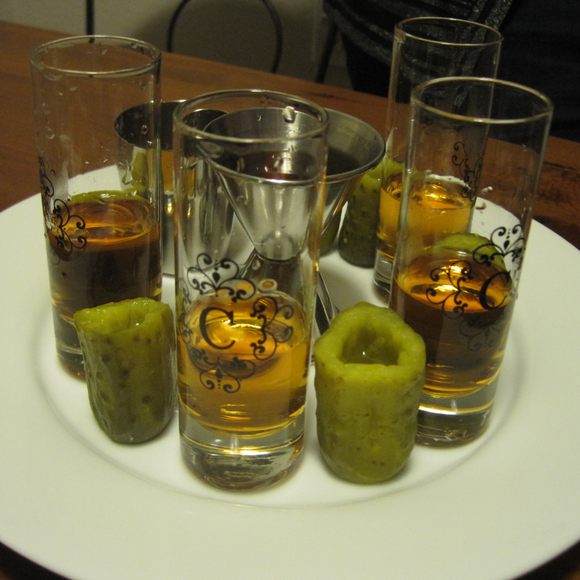 A set of picklebacks with extra pickle flavor.
