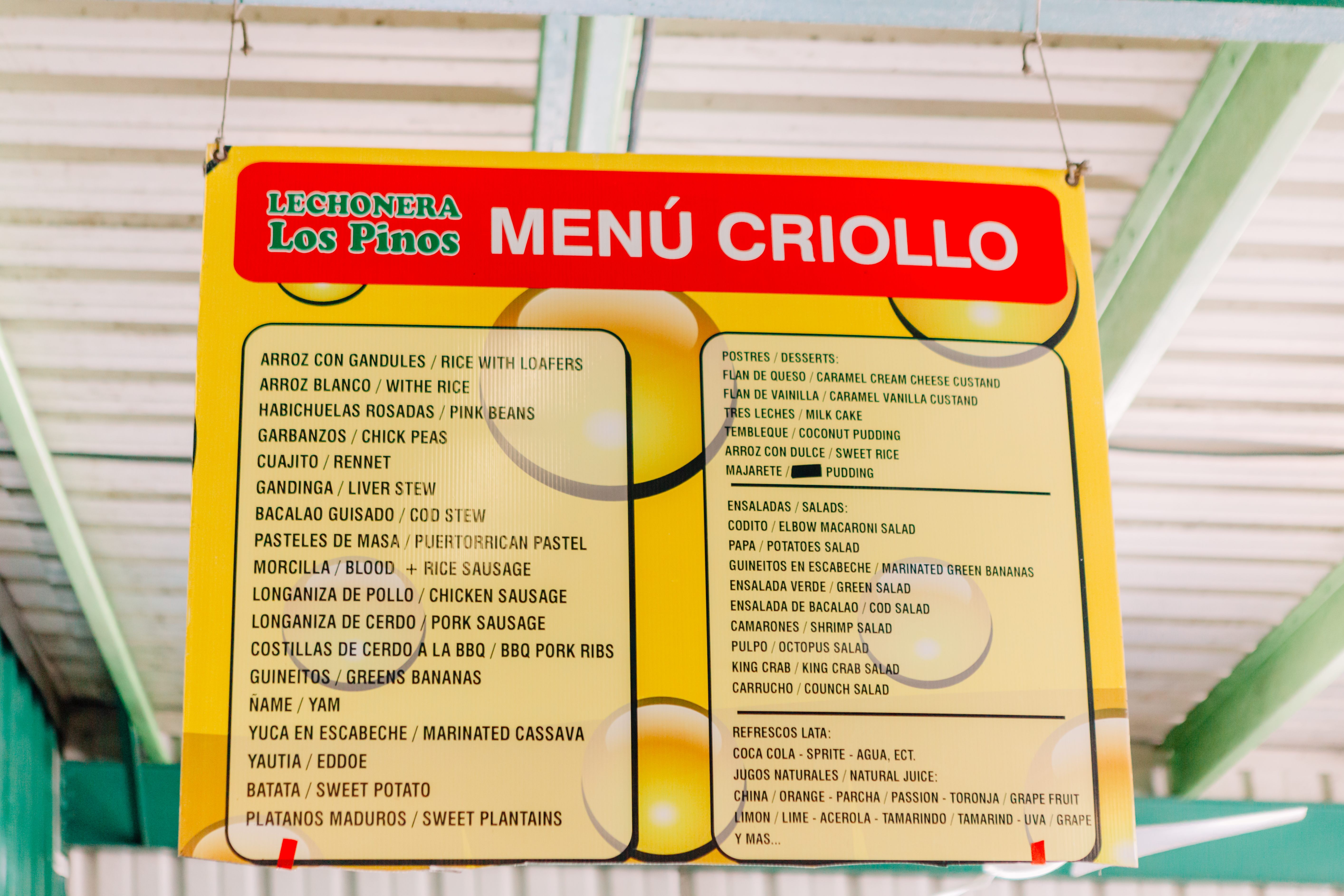 Los Pinos' menu is typical of many lechoneras here.