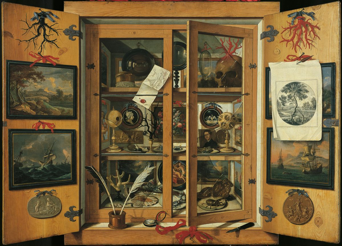 A human skull features prominently on the upper shelf in a 17th-century painting of a Wunderkammer by Andrea Dominico Remps (1621–1699).