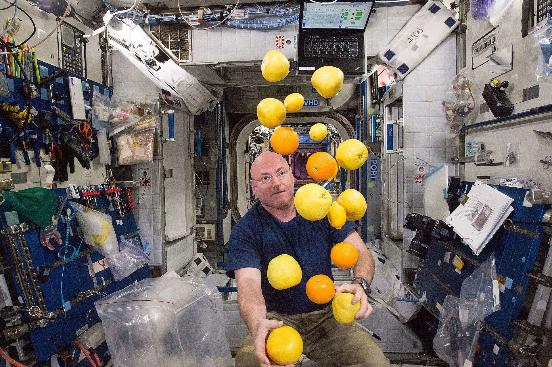 Kelly corrals a citrus delivery on the ISS.