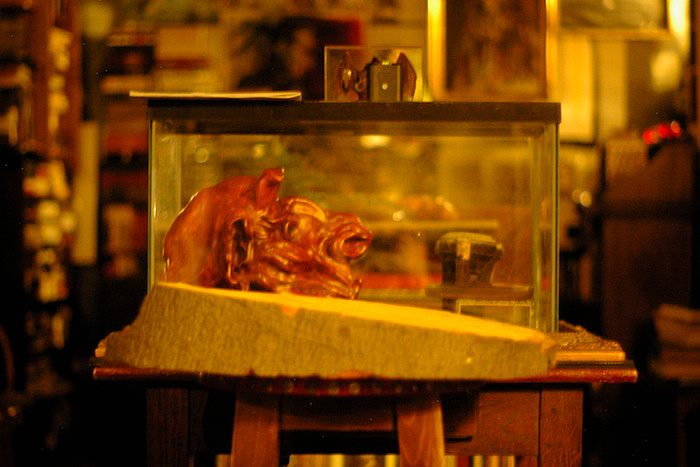 Rare demon sculpture and sliver of tree from a cemetery in the Paris vampire museum