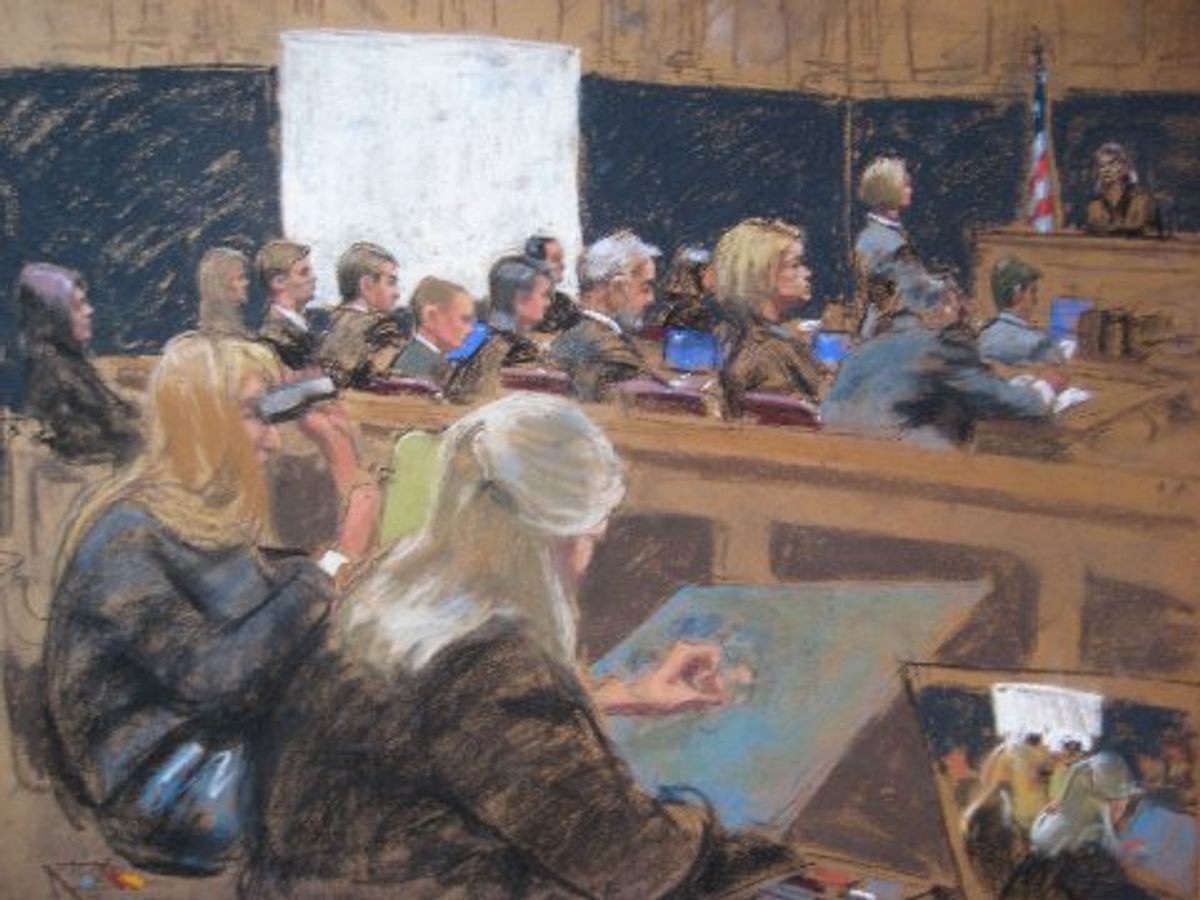 Jane Rosenberg's illustration of courtroom artists at work at the Martha Stewart trial in 2003.