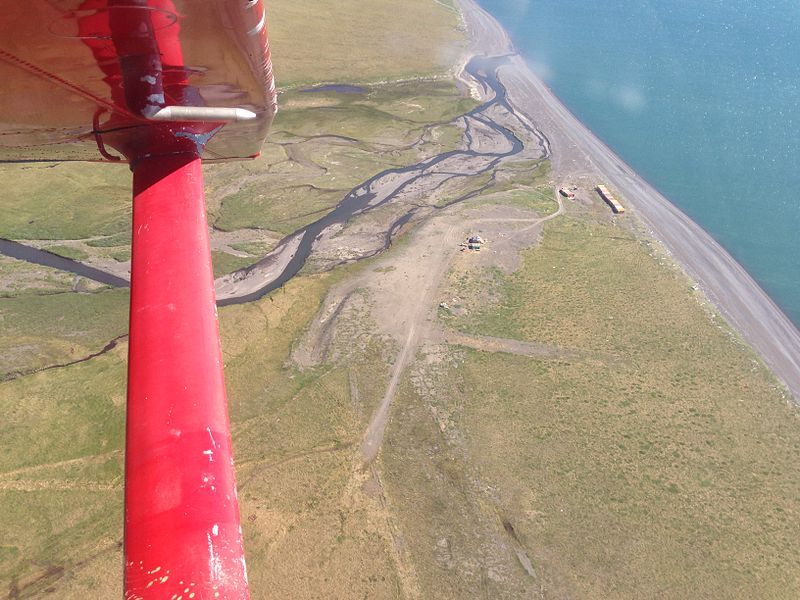 Aerial shot of Chariot, AK, located near Cape Thompson, the proposed site of an artificial harbor to be created using chained nuclear explosions.