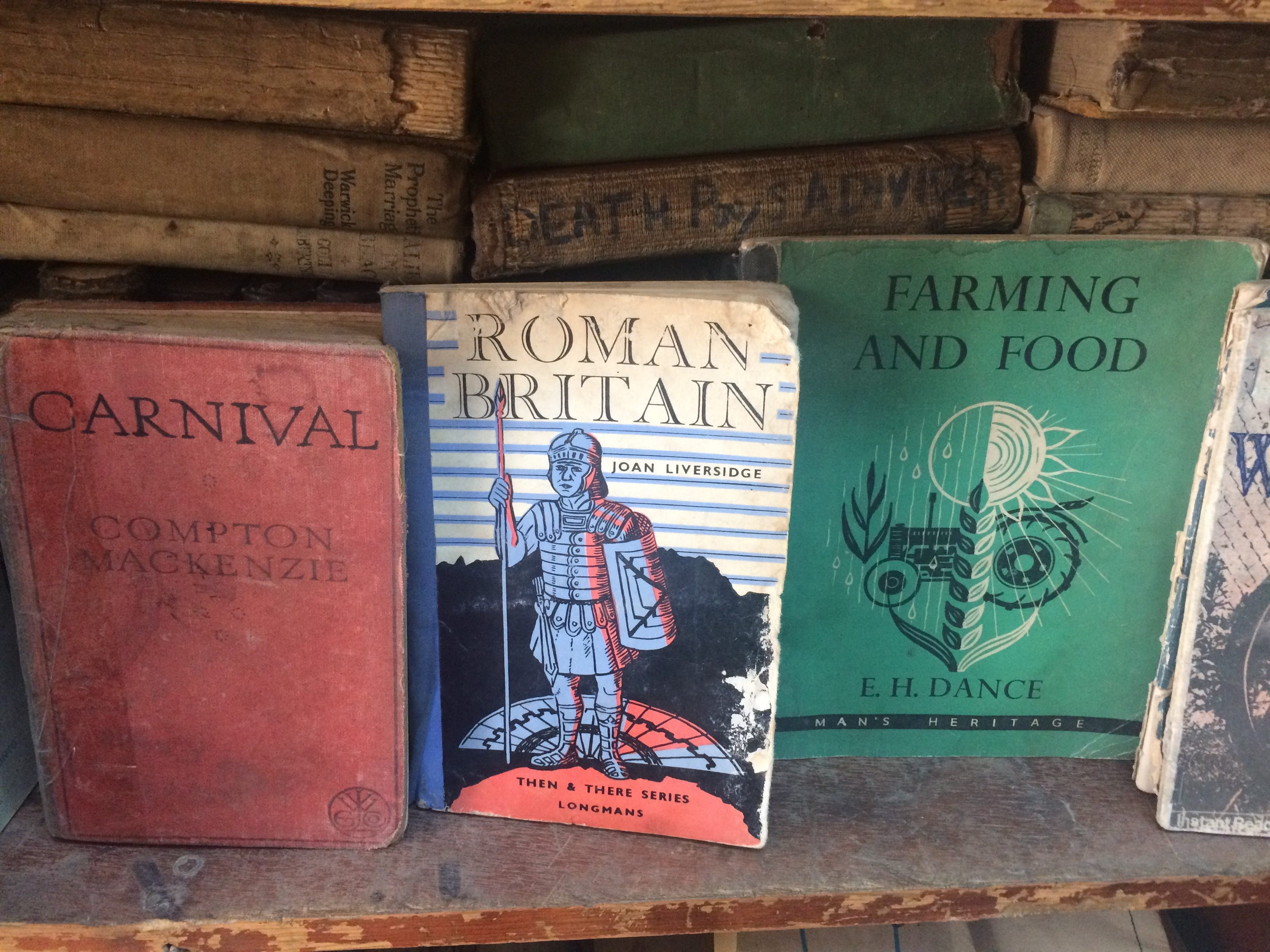 A trio of dusty books from the overwhelming assortment in the store.