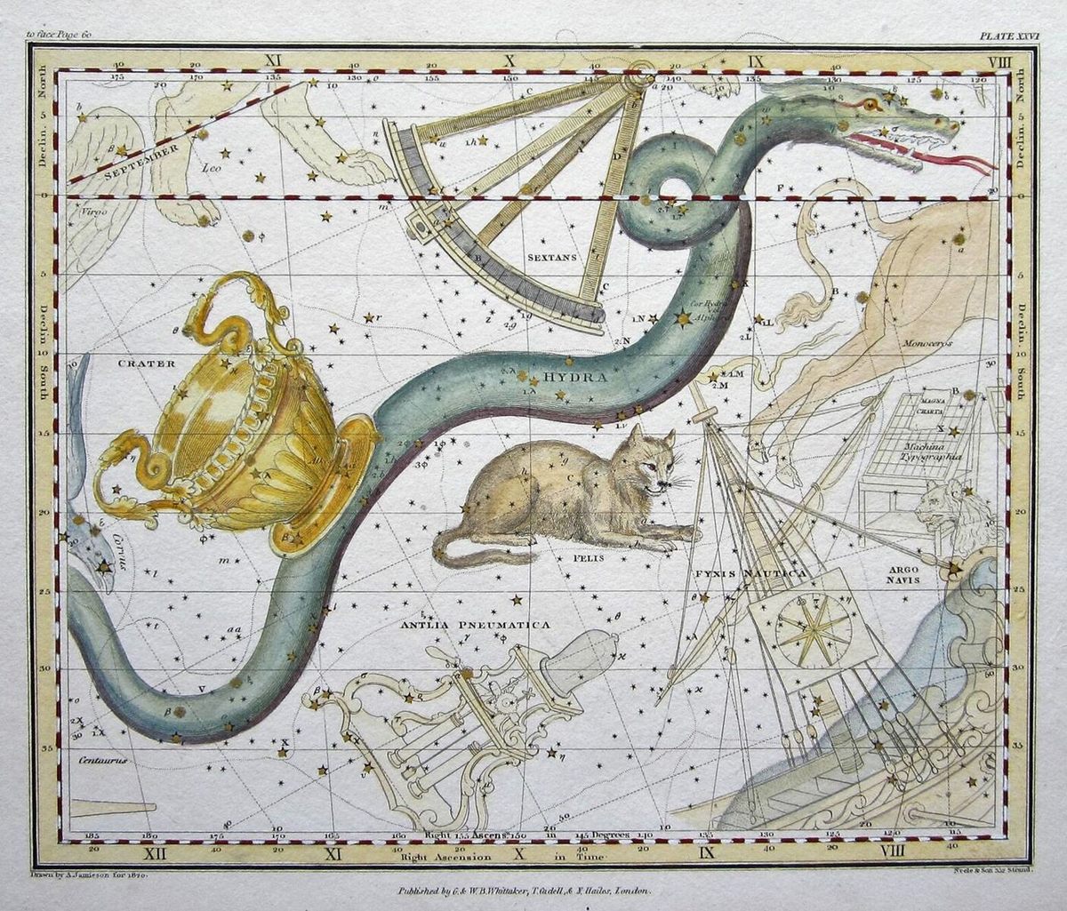 <em>Hydra</em> coiled in between constellations depicting ships and wayfinding tools.