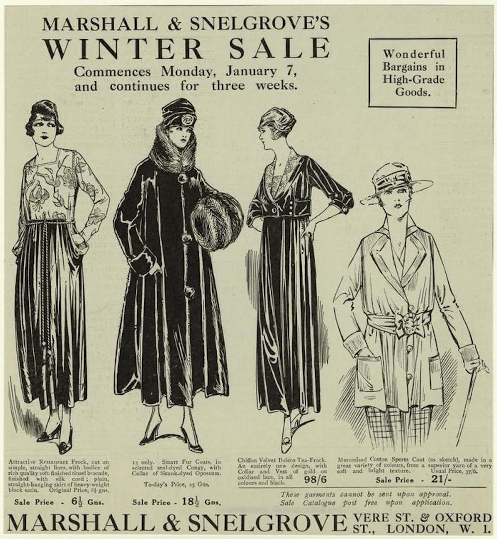 Rabbit, or "coney," often stood in for fancier furs. This ad from 1918 offers "seal-dyed Coney, with a collar of Skunk-dyed Opossum."