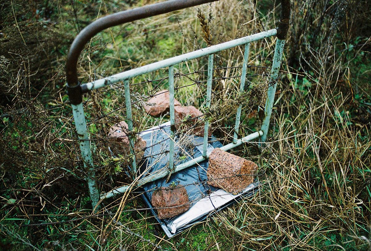 An experiment in a highly contaminated field, held in place by rocks.