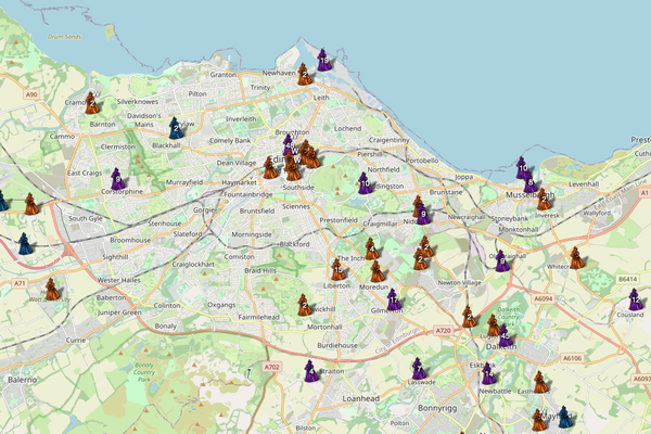 On closer examination, the map reveals the places of residence of accused witches, here in the Greater Edinburgh area. 