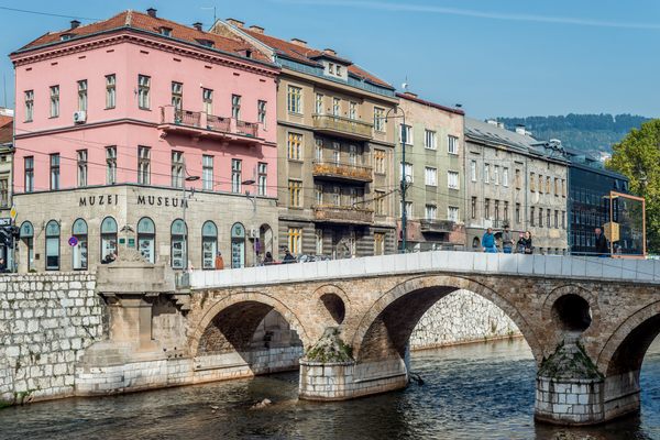 October 14, 2016, Sarajevo, Bosnia and Herzegovina. Museum of the Assassination of Franz Ferdinand and latin Bridge